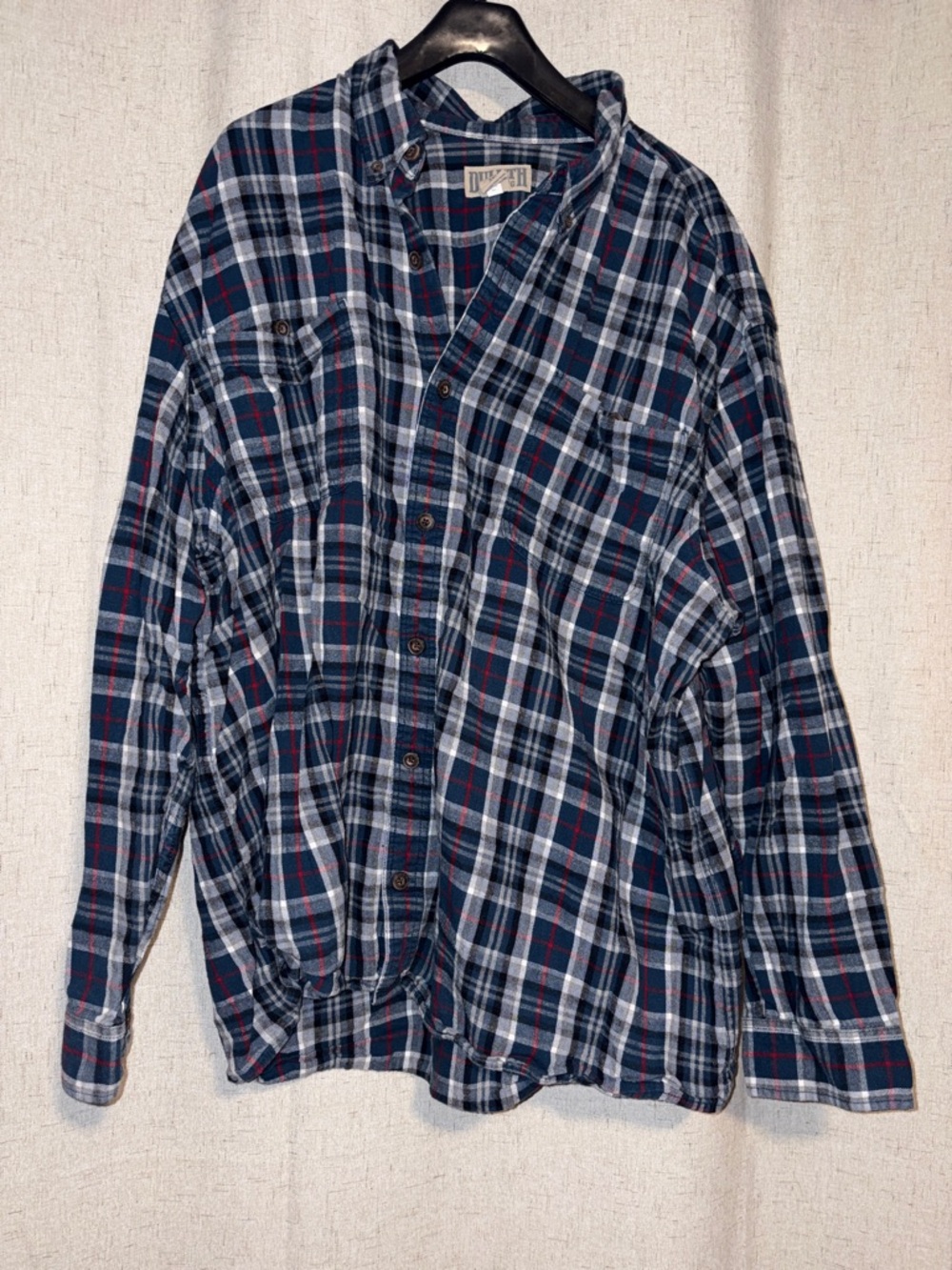 Duluth Trading Co Blue Plaid Button-Down Shirt with Red Accents